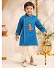Vastramay Cotton Silk Woven Full Sleeves Krishna Embroidered Kurta & Dhoti Set - Turquoise
