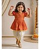 Vastramay Cotton Woven Half Puffed Sleeves Floral Embroidered Kurti & Dhoti Set - Orange