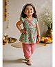Vastramay Cotton Blend Woven Cap Sleeves Floral Printed Angarakha Style Kurti & Pyjama Set - Mint