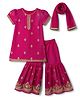 Babyhug Net Woven Half Sleeves Kurti and Gharara Set with Dupatta and Floral Embroidery in Fuchsia