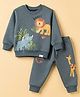 Teddy Fleece Knit Full Sleeves Winter Wear Co-Ords Set With Animal Print - Grey