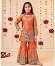 Tiny Kingdom Tissue Woven Full Sleeves Floral Embroidered Beads Embellished Kurti & Sharara Set With Dupatta - Orange