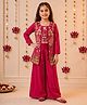 Tiny Kingdom Satin Woven Floral Embroidered Top & Palazzo With Full Sleeves Jacket Set - Pink