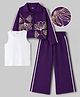 OLLINGTON ST. Looper Knit Full Sleeves Inner Top & Pant Set With Jacket & Floral Print - Purple