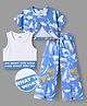 OLLINGTON ST. Cotton Blend Knit Half Sleeves Floral Printed Crop Top & Pant Set With Inner Tee - Blue
