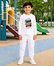 Palgrave Cotton Knit Full Sleeves Team Spirit Text Printed Tee & Cargo Joggers Set - White