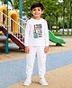 Palgrave Cotton Knit Full Sleeves Electric Guitar Printed Tee & Joggers Set - White