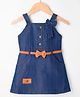 Blabber Denim Woven Sleeveless Bow Applique Detailed Knee Length Washed Dress With Belt - Dark Blue
