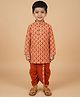 The Mom Store Cotton Woven Full Sleeves Floral Block Printed Dhoti Kurta Set - Rust Orange
