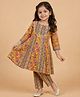 The Mom Store Cotton Woven Full Sleeves Floral Printed & Lace Embellished Coordinating Kurti & Pants Set - Mustard