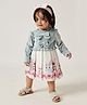 One Friday Woven Full Sleeves Rabbits Printed & Bow Applique Detailed Pleated Dress - White