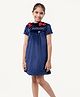 One Friday Woven Half Sleeves Bow Applique Detailed Princess Text Designed Stone Embellished Dress - Navy Blue