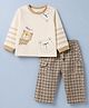 WOW Clothes Cotton Knit Full Sleeves T-Shirt and Pant with Full Length and Bear 3D Applique in Beige