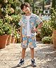FOSTRIC Cotton Blend Woven Half Sleeves Cats Printed Coordinating Shirt & Shorts Set - White