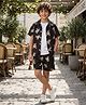 FOSTRIC Cotton Blend Woven Half Sleeves Bear Printed Coordinating Shirt & Shorts Set - Black