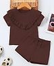 FOSTRIC Cotton Blend Knit Half Sleeves Solid Top & Shorts Set - Chocolate Brown