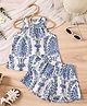 FOSTRIC Cotton Blend Woven Sleeveless Leaves Printed Coordinating Top & Shorts Set - Blue
