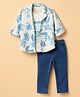 Dapper Dudes Cotton Mix Knit Woven Full Sleeves Leaves Printed Shirt With Tee & Pant Set - Blue