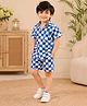 Superminis Cotton Woven Half Sleeves Checked & Yinyang Printed Coordinating Shirt & Short Set - Blue