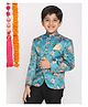 Vastramay Silk Woven Full Sleeves Floral Printed Jodhpuri Jacket - Turquoise
