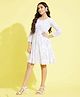Vastramay Georgette Woven Three Fourth Sleeves Chevron Embroidered Mirror Work Detailed Dress - White