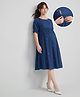 Bella Mama Woven Small Butti Printed Maternity Dress With Short Sleeve Blue