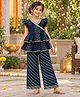 The Magic Wand Cambric Woven Frill Sleeves Lace Embellished Leaves Printed Kurti & Pant Set - Navy Blue