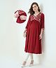Bella Mama 100% Viscose Woven Three Forth Sleeves Maternity Kurta With Floral Embroidered Yoke - Maroon