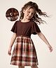 Hola Bonita Woven Knit One Frock and Belt with Half Sleeves and Checked Print in Brown