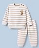 Mini Taurus 100% Cotton Fleece Knit Full Sleeves T-shirt and Jogger with Stripes and Bear Patch - White & Brown