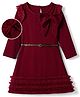 Hola Bonita Knit Frock With Belt Full Sleeves and Bow Applique in Maroon