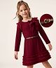 Hola Bonita Knit Frock With Belt Full Sleeves and Bow Applique in Maroon