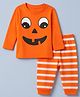 Babyhug Cotton Knit Full Sleeves T-Shirt & Pajama Night Suit with Stripes & Smiley Print - Orange