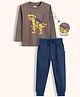 Orange Sugar 100% Cotton Knit Full Sleeves Dinosaur Printed Tee & Joggers Set - Brown & Royal Blue