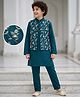 Pine Kids Woven Full Sleeves Kurta Pyjama Set and Waistcoat with Full Length and Floral Embroidery in Teal Blue for 7-8 Years