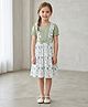 White World Cotton Blend Knit Half Puffed Sleeves Floral Printed Bow Applique Detailed Pinafore Style Dress - Light Green