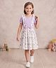 White World Cotton Blend Knit Half Puffed Sleeves Floral Printed Bow Applique Detailed Pinafore Style Dress - Light Purple