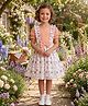White World Cotton Blend Knit Half Puffed Sleeves Floral Printed Bow Applique Detailed Pinafore Style Dress - Light Peach