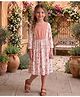 White World Cotton Blend Woven Three Fourth Sleeves Floral Printed Dress - Peach