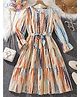 White World Cotton Blend Woven Full Puffed Sleeves Abstract Printed Tiered Dress - Beige