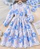 White World Cotton Blend Woven Full Puffed Sleeves Floral Printed Dress - Sky Blue