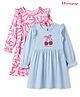 Honeyhap Premium 100% Cotton Knit Full Sleeves Frocks with Frill Details and Cherry & Bow Print Pack of 2 - Nosegay & Ice Water