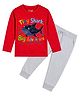 Etched Design Cotton Knit Full Sleeves Shark Printed Tee & Joggers Set - Red & Grey