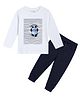 Etched Design Cotton Knit Full Sleeves Panda Printed Tee & Joggers Set - White & Navy Blue