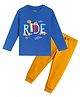Etched Design Cotton Knit Full Sleeves Ride Text Printed Tee & Joggers Set - Royal Blue & Mustard
