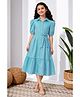 Fashion Dream Cotton Blend Woven Half Puffed Sleeves Striped Shirt Style Tiered Dress - Light Blue