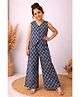 Fashion Dream Cotton Blend Knit Sleeveless Floral Printed Coordinating Waistcoat Style Top & Palazzo Set - Navy Blue