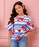 Cutecumber Knitted Half Flutter Sleeves Floral Printed Top - Blue