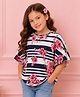 Cutecumber Knitted Half Flutter Sleeves Floral Printed Top - Navy Blue