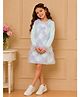 Cutecumber Georgette Woven Full Sleeves Beads Embellished Frill & Floral Applique Detailed Dress - Green
